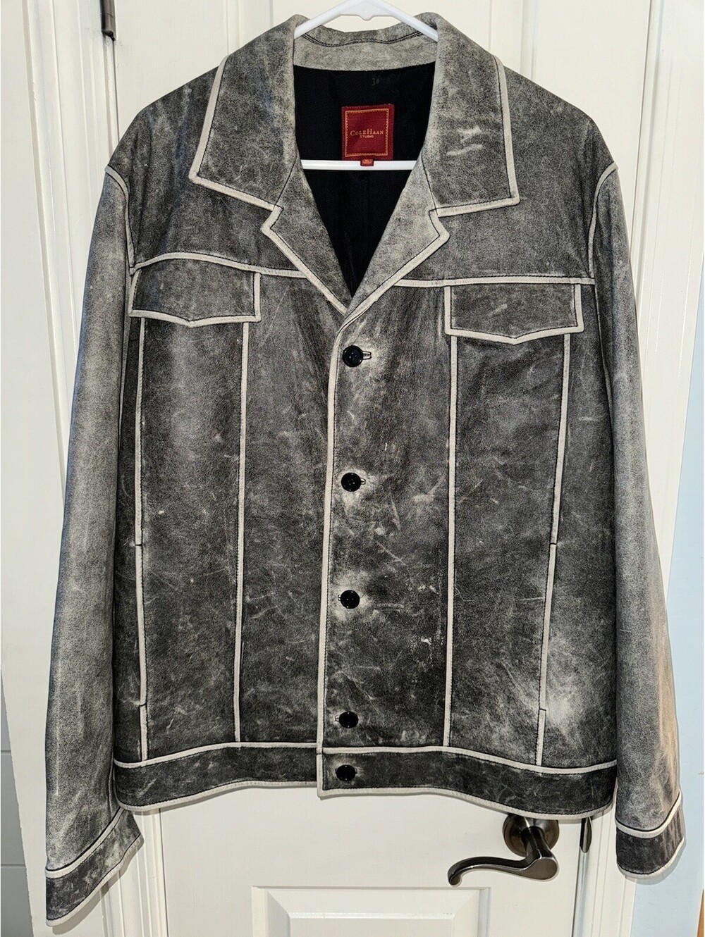 Cole Haan Studio Men's Vintage Leather Jacket Faded Black Gray Size XL